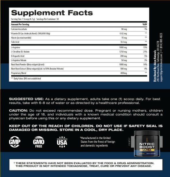 Nitric Boost Ultra ingredients supplement facts label